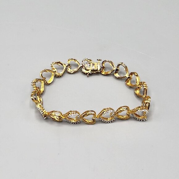 Gold Plated Sterling Silver Heart Link Chain Bracelet 925 Clear Stones 7" Long - Picture 1 of 9